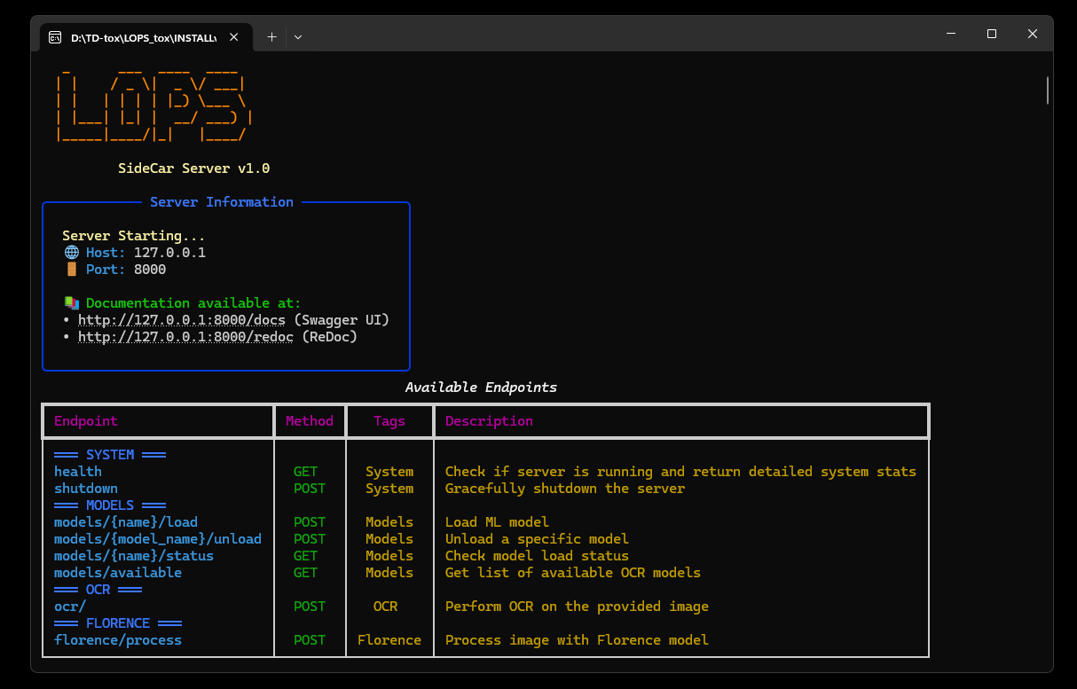 SideCar Server Command Window